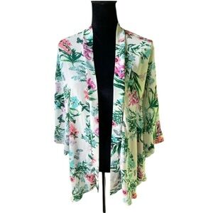 Boutique Floral Kimono Cardigan Women Small White Pink Tropical
